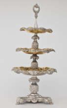 Etazera by Józef Fraget (Warsaw; silver and plated goods factory; 1824–1945). Three-tiered platter