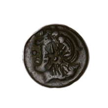 Bronze coin, Pantikapaion; obverse: head of a beardless Satyr in an ivy wreath facing left with a