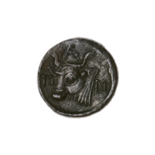 Bronze coin, Pantikapaion; obverse: head of bearded Satyr facing left; reverse: bull head facing