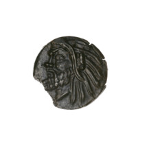 Bronze coin, Pantikapaion; obverse: head of bearded Satyr facing left; reverse: bull head facing