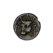 Bronze coin, Pantikapaion; obverse: head of bearded Satyr facing left; reverse: bull head facing