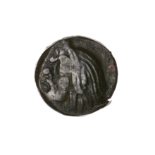 Bronze coin, Pantikapaion; obverse: head of bearded Satyr facing left; reverse: bull head facing
