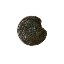 Bronze coin, Pantikapaion; obverse: head of bearded satyr to left; reverse: bull head to left with