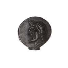 Bronze coin, Pantikapaion; obverse: head of bearded satyr facing left; reverse: bull head facing