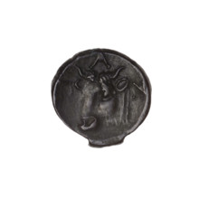 Bronze coin, Pantikapaion; obverse: head of bearded satyr facing left; reverse: bull head facing