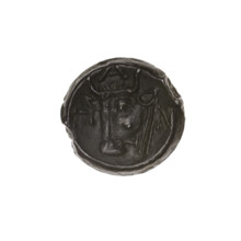 Bronze coin, Pantikapaion; obverse: head of bearded Satyr facing left; reverse: bull head facing