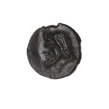 Bronze coin, Pantikapaion; obverse: head of bearded Satyr facing left; reverse: bull head facing