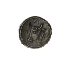 Bronze coin (Pantikapaion). Obverse: head of bearded Satyr facing left; Reverse: bull head facing