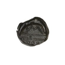 Bronze coin, Pantikapaion; obverse: head of beardless Satyr in ivy wreath facing left; reverse: bow