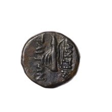 Bronze coin, Pantikapaion; obverse: head of Apollo with laurel wreath facing right; reverse: quiver