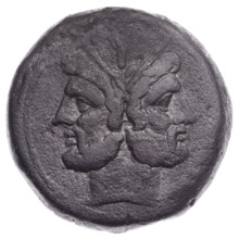 Obv. Head of Janus in a laurel wreath; above value mark I. Continuous border. Rv. Ship's prow at