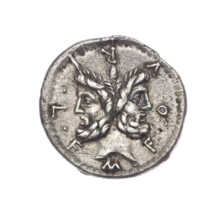 Denarius, M. Furius Philus (fl. 119 BC), 119 BC, Roman Republic. Obverse: Head of Janus in a laurel