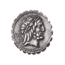 Denarius serratus, Antonius Balbus, Q. (fl. 83–82 BC), publisher. Obverse: Head of Jupiter in a