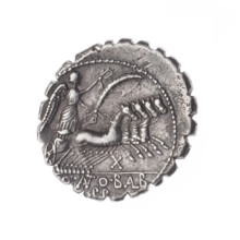 Denarius serratus, publisher Q. Antonius Balbus (fl. 83–82 BC). Obverse: Head of Jupiter right,