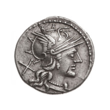 Denarius; issuer: T. Annius Rufus (fl. 144 BC), moneyer. Obverse: Helmeted head of Roma right;