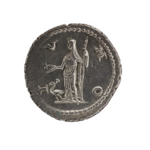 Denarius; obverse: draped, pearl-bordered bust of Julia Maesa facing right with inscription