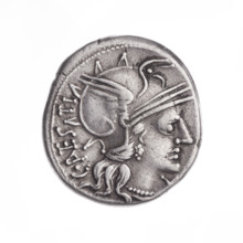 denarius, Antestius, C. (fl. 146 BC), publisher; Obv. Head of Roma in helmet at right; behind it