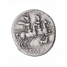 denarius, Antestius, C. (fl. 146 BC), publisher; Obv. Head of Roma in helmet at right; behind it