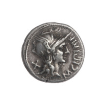 Denarius; maker: M. Cipius (fl. 115–114 BC), publisher. Obverse: Head of Roma in helmet facing