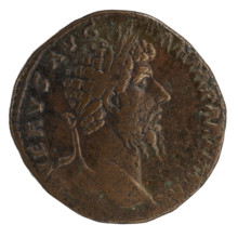 Sestertius of Lucius Verus (130–169; Roman emperor 161–169). Obverse: Head of Lucius Verus in a