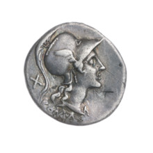 Denarius; obverse: head of Roma in a Corinthian helmet facing right; below inscription ROMA; behind