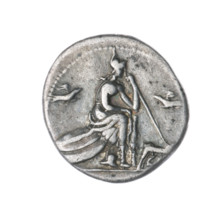 denarius; obverse: head of Roma in a Corinthian helmet facing right, below inscription ROMA, behind