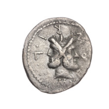 Denarius by M. Furius Philus, 119 BC. Obverse: head of Janus in a laurel wreath; inscription M