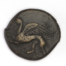 bronze coin, Chersonesos, griffins, Kneeling Artemis, Artemis (mythology), Black Sea, Artemis with