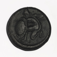 bronze coin, Chersonesos, Artemis on a quadriga (iconographic), warriors, kneeling warrior