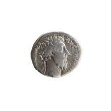 Denarius of Marcus Aurelius (121–180; Roman emperor 161–180). Obverse: Head of Marcus Aurelius in
