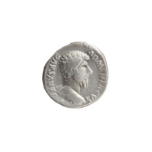 Denarius of Lucius Verus (130–169; Roman emperor 161–169). Obverse: Bust of Lucius Verus naked and