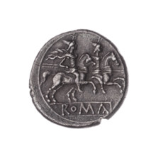 Denarius; obverse: head of Roma wearing helmet facing right, value mark X behind; beaded border.