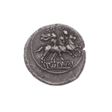 Quinary (coin), publisher; obverse: head of Roma in helmet facing right with value mark V behind;