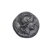 Quinary, publisher; Dioscuri on horses; Dioscuri (mythology); Roma (mythology). Obverse: head of