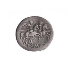 denarius; Dioscuri on horses; Roma (mythology); head of Roma; helmets. Obv. Head of Roma in a
