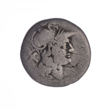Denarius; obverse: head of Roma wearing a helmet facing right, behind her the sign of value X;