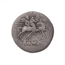Denarius; obverse: head of Roma wearing a helmet facing right, behind her the value mark X; beaded