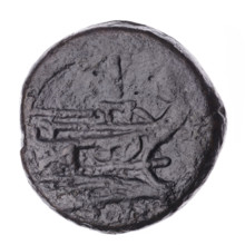 Head of Janus (iconographic) wearing laurel wreath; above value mark I. Continuous border. Reverse: