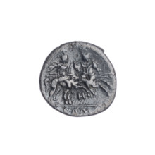 Quinary, publisher; Dioscuri on horses; Roma (mythology); Dioscuri (mythology); helmets; head of