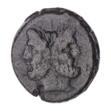 Obv. Head of Janus in laurel wreath; above value mark I. Rev. Ship's prow right; above value mark