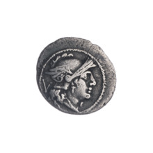 Quinary (coin), publisher; obverse: head of Roma right, behind her the value mark V; pearl border.