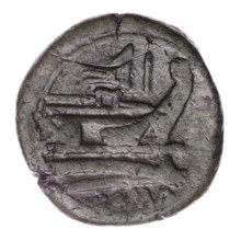 Head of Janus (iconographic) wearing laurel wreath; above value mark I. Continuous border. Reverse: