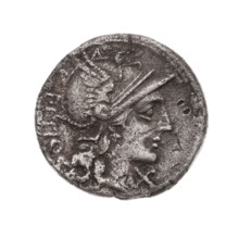 denarius, Sempronius Pitio, L. (fl. 148 BC), publisher; Obv. Head of Roma in helmet at right;