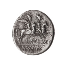Denarius, Terentius Lucanus, C. (fl. 147 BC), publisher. Obverse: Head of Roma wearing a helmet