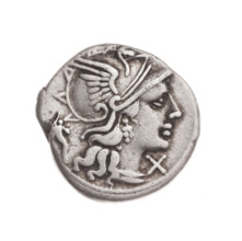 Denarius; obverse: helmeted head of Roma right, behind it a cornucopia, in front a value sign X;