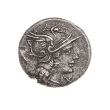 denarius; Dioscuri on horses; origin; Dioscuri (mythology); horses; Roma (mythology); cornucopias;