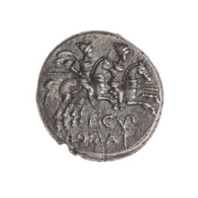 denarius; Dioscuri on horses; Dioscuri (mythology); horses; Roma (mythology); cornucopias; head of
