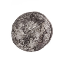 Denarius subaeratus; obverse: helmeted head of Roma right, behind it a cornucopia, in front a sign
