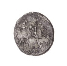 Denarius subaeratus; obverse: helmeted head of Roma right, behind it a cornucopia, in front a sign