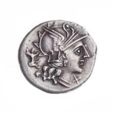 denarius, Dioscuri on horses, origin, horses, Roma (mythology), Dioscuri (mythology), dogs, head of
